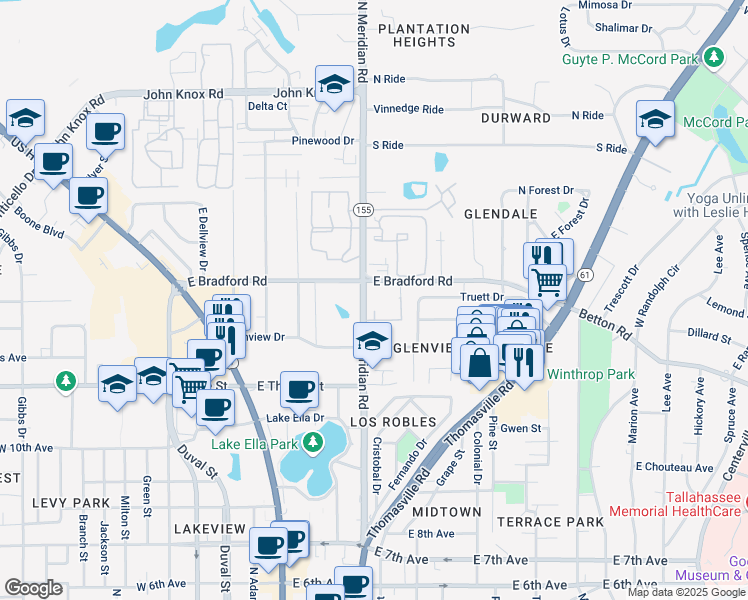map of restaurants, bars, coffee shops, grocery stores, and more near 1951 North Meridian Road in Tallahassee