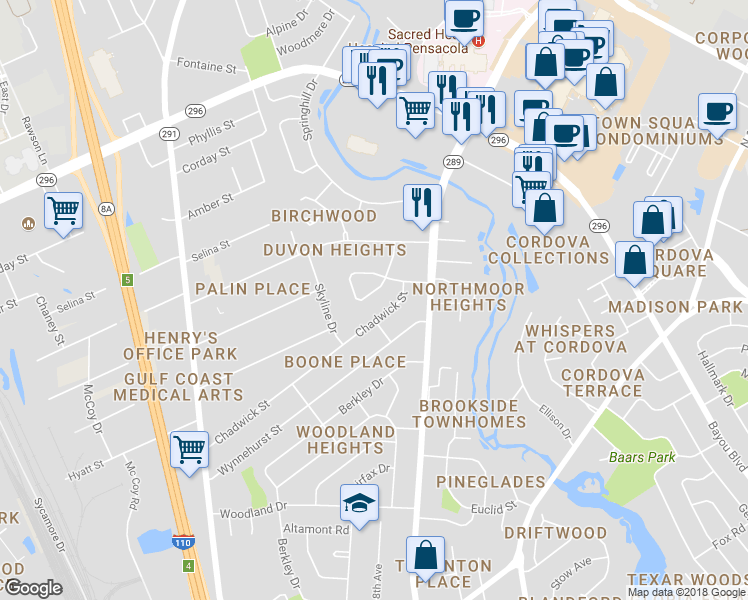 map of restaurants, bars, coffee shops, grocery stores, and more near 451 Springdale Circle in Pensacola