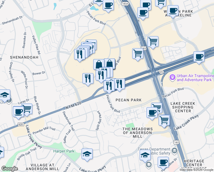 map of restaurants, bars, coffee shops, grocery stores, and more near Ridgeline Boulevard in Cedar Park