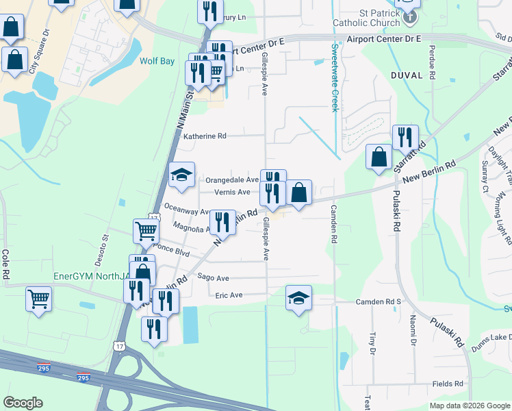 map of restaurants, bars, coffee shops, grocery stores, and more near 520 New Berlin Road in Jacksonville