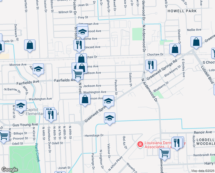 map of restaurants, bars, coffee shops, grocery stores, and more near 5344 Jackson Avenue in Baton Rouge