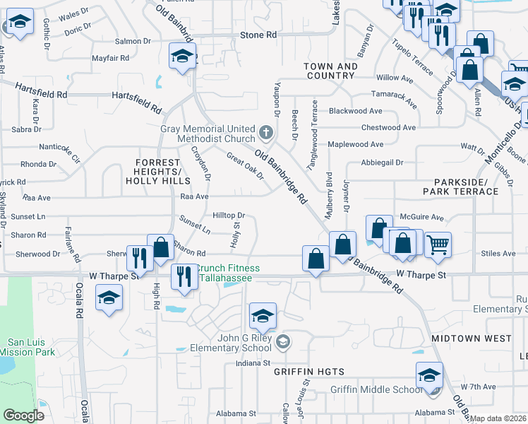 map of restaurants, bars, coffee shops, grocery stores, and more near 2007 Rosedale Drive in Tallahassee