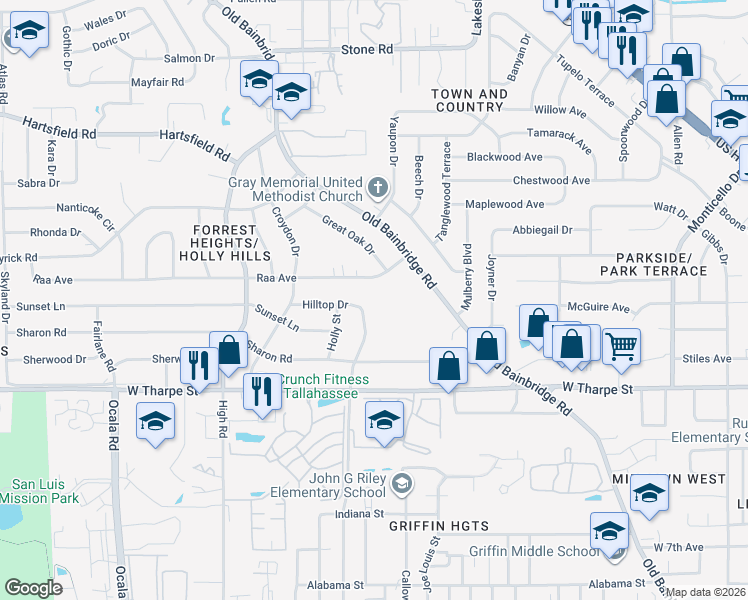 map of restaurants, bars, coffee shops, grocery stores, and more near 2006 Rosedale Drive in Tallahassee