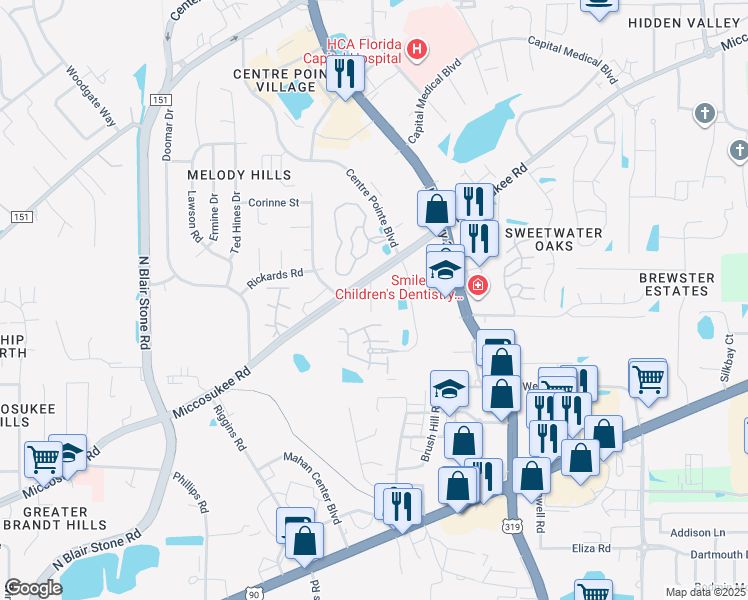 map of restaurants, bars, coffee shops, grocery stores, and more near 1806 Ashley Hall Way in Tallahassee