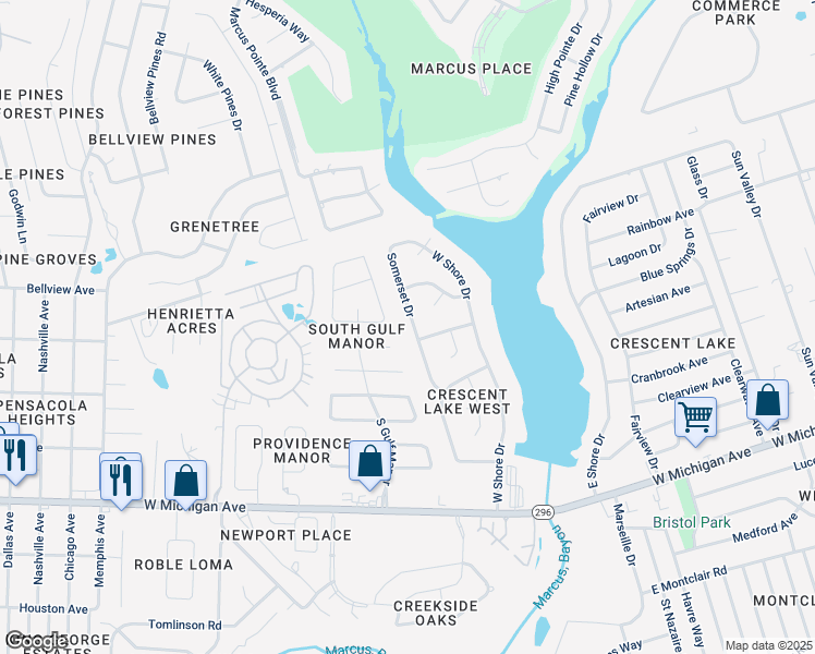 map of restaurants, bars, coffee shops, grocery stores, and more near 5919 Somerset Drive in Pensacola