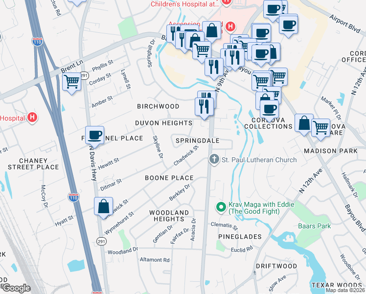 map of restaurants, bars, coffee shops, grocery stores, and more near 451 Springdale Circle in Pensacola