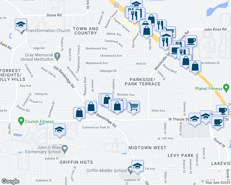 map of restaurants, bars, coffee shops, grocery stores, and more near 834 McGuire Avenue in Tallahassee