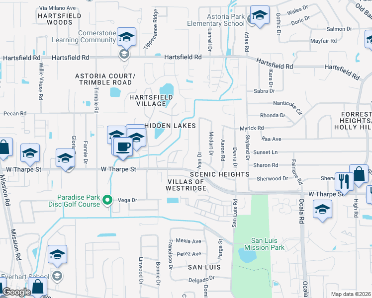 map of restaurants, bars, coffee shops, grocery stores, and more near 1816 Meriadoc Road in Tallahassee