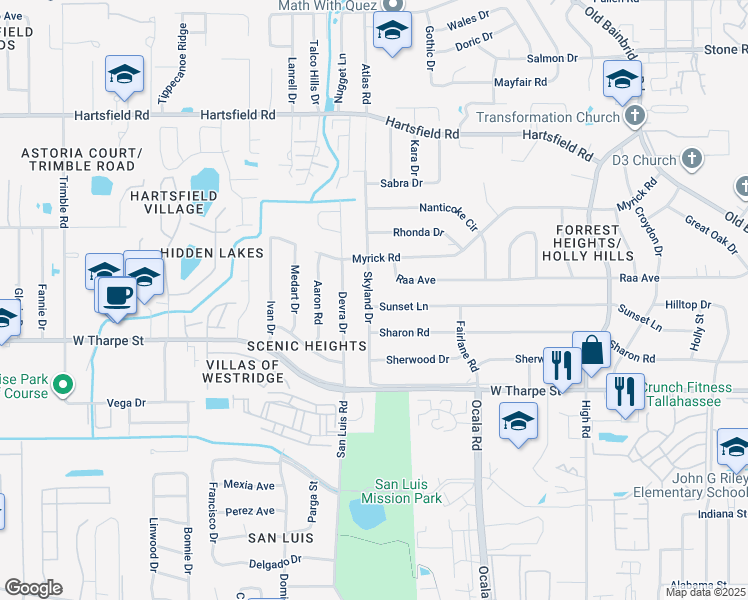 map of restaurants, bars, coffee shops, grocery stores, and more near 1903 Skyland Drive in Tallahassee