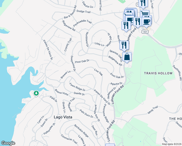 map of restaurants, bars, coffee shops, grocery stores, and more near 6906 Cedar Ridge Drive in Lago Vista
