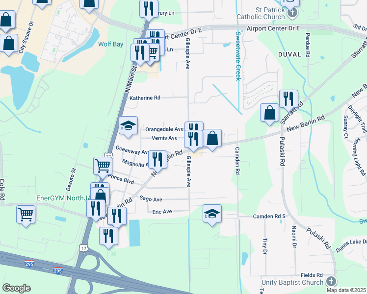 map of restaurants, bars, coffee shops, grocery stores, and more near 520 New Berlin Road in Jacksonville