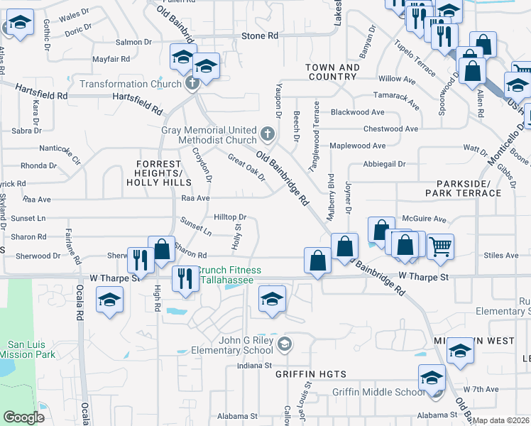 map of restaurants, bars, coffee shops, grocery stores, and more near 2006 Rosedale Drive in Tallahassee