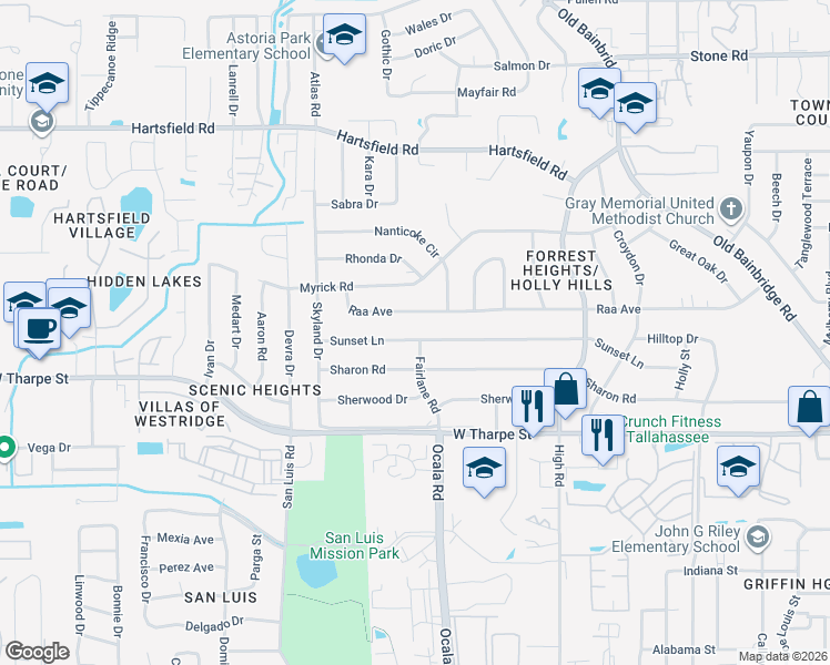 map of restaurants, bars, coffee shops, grocery stores, and more near 1903 Sunset Lane in Tallahassee