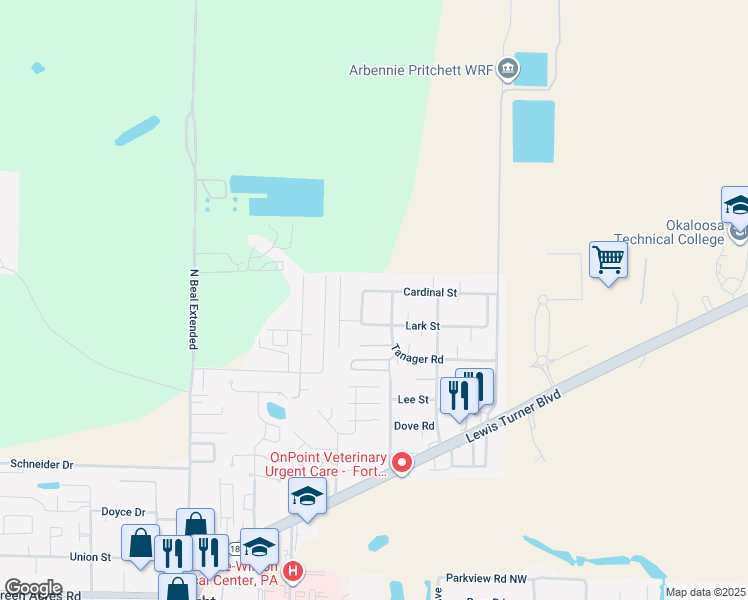 map of restaurants, bars, coffee shops, grocery stores, and more near 1212 Jay Street in Fort Walton Beach