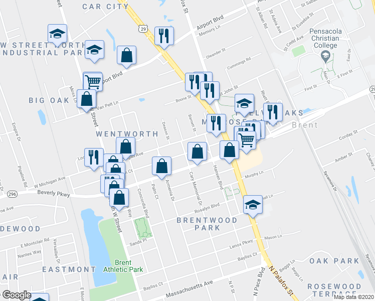 map of restaurants, bars, coffee shops, grocery stores, and more near 118 Yoakum Court in Pensacola