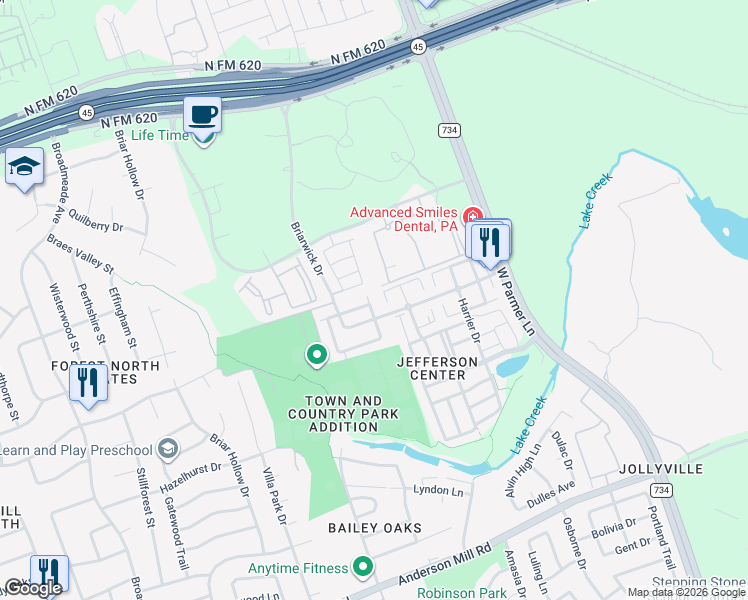 map of restaurants, bars, coffee shops, grocery stores, and more near 1401 Briarwick Drive in Austin
