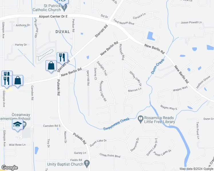 map of restaurants, bars, coffee shops, grocery stores, and more near 12712 Daylight Trail in Jacksonville