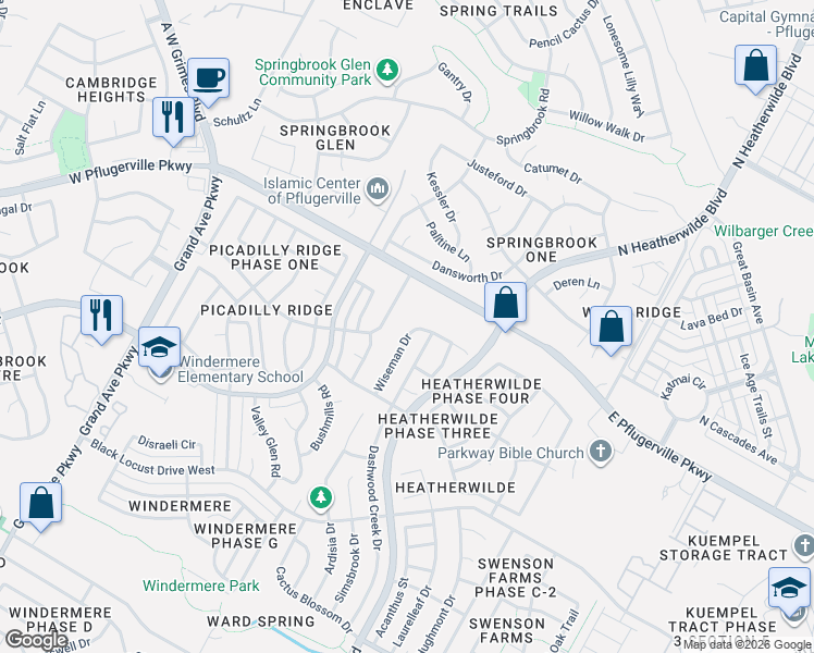 map of restaurants, bars, coffee shops, grocery stores, and more near 17509 Wiseman Drive in Pflugerville