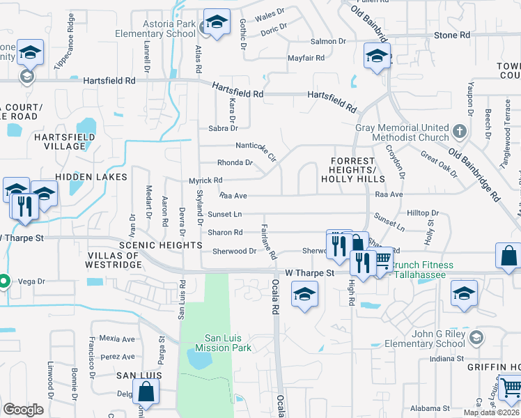 map of restaurants, bars, coffee shops, grocery stores, and more near 1903 Sunset Lane in Tallahassee