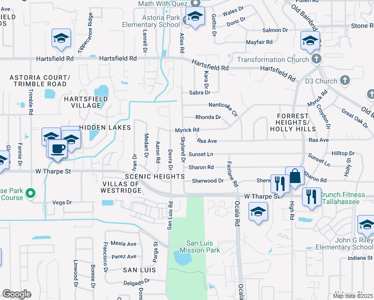 map of restaurants, bars, coffee shops, grocery stores, and more near 1903 Skyland Drive in Tallahassee