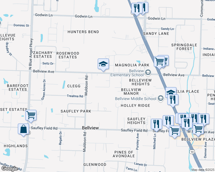 map of restaurants, bars, coffee shops, grocery stores, and more near 4701 Maywood Avenue in Bellview
