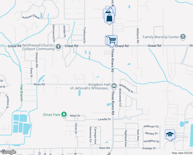 map of restaurants, bars, coffee shops, grocery stores, and more near 14086 Mays Road in Gulfport