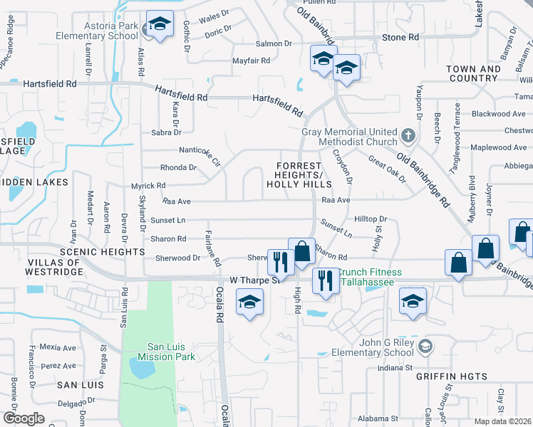 map of restaurants, bars, coffee shops, grocery stores, and more near 1734 Sunset Lane in Tallahassee