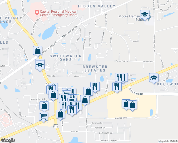 map of restaurants, bars, coffee shops, grocery stores, and more near 2937 Alexis Lane in Tallahassee