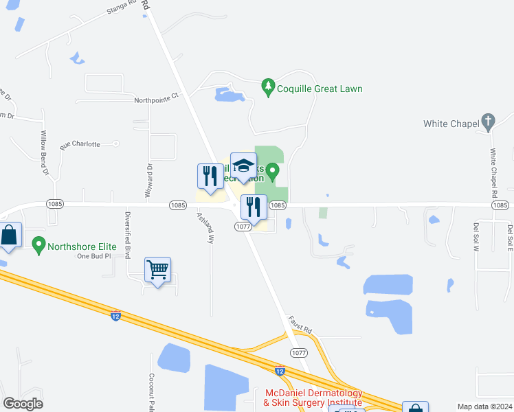map of restaurants, bars, coffee shops, grocery stores, and more near 15450 Highway 1085 in Covington