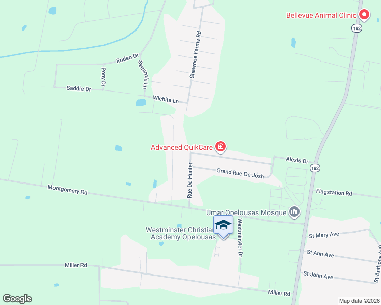 map of restaurants, bars, coffee shops, grocery stores, and more near Rue De Hunter in Opelousas