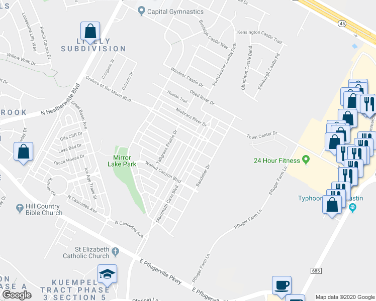 map of restaurants, bars, coffee shops, grocery stores, and more near 18418 Mammoth Cave Boulevard in Pflugerville