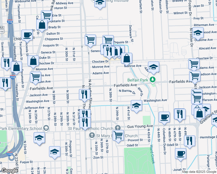 map of restaurants, bars, coffee shops, grocery stores, and more near 2016 North 38th Street in Baton Rouge