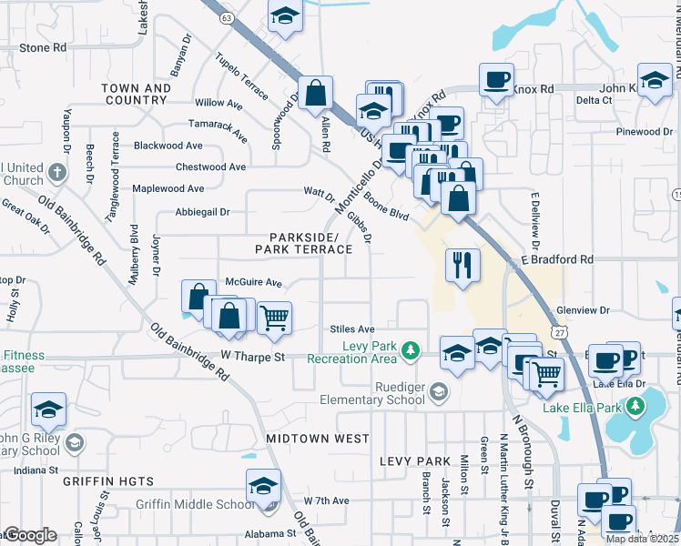 map of restaurants, bars, coffee shops, grocery stores, and more near 716 Voncile Avenue in Tallahassee