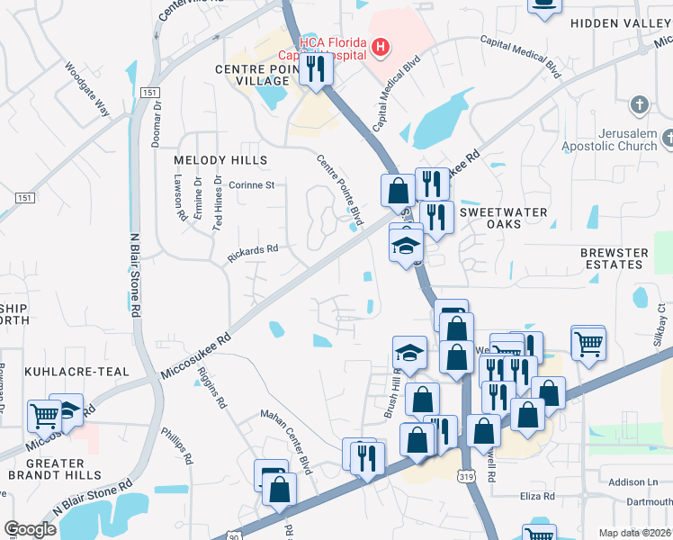 map of restaurants, bars, coffee shops, grocery stores, and more near 1806 Ashley Hall Way in Tallahassee