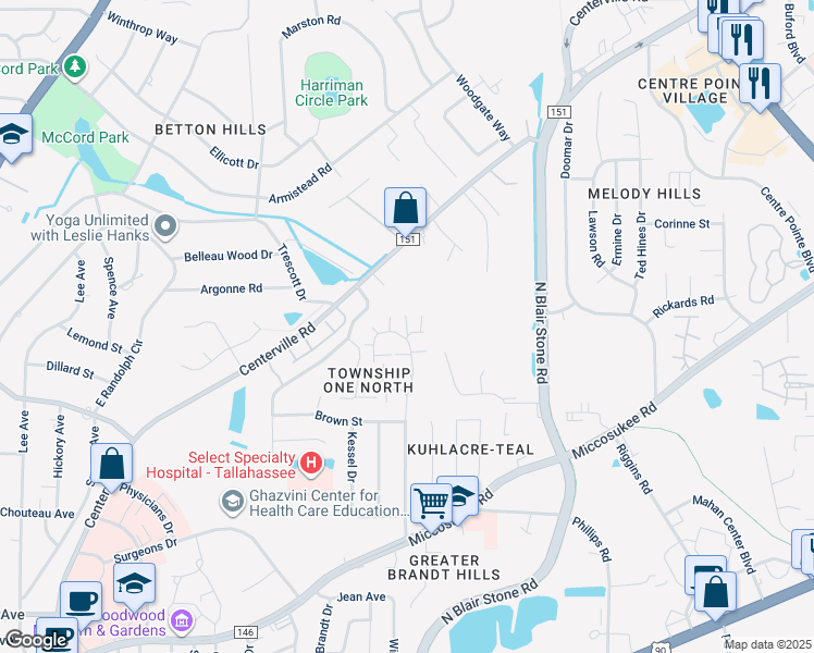 map of restaurants, bars, coffee shops, grocery stores, and more near 15768 Coombs Drive in Tallahassee