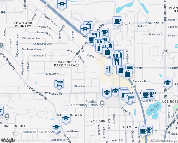 map of restaurants, bars, coffee shops, grocery stores, and more near 639 Voncile Avenue in Tallahassee