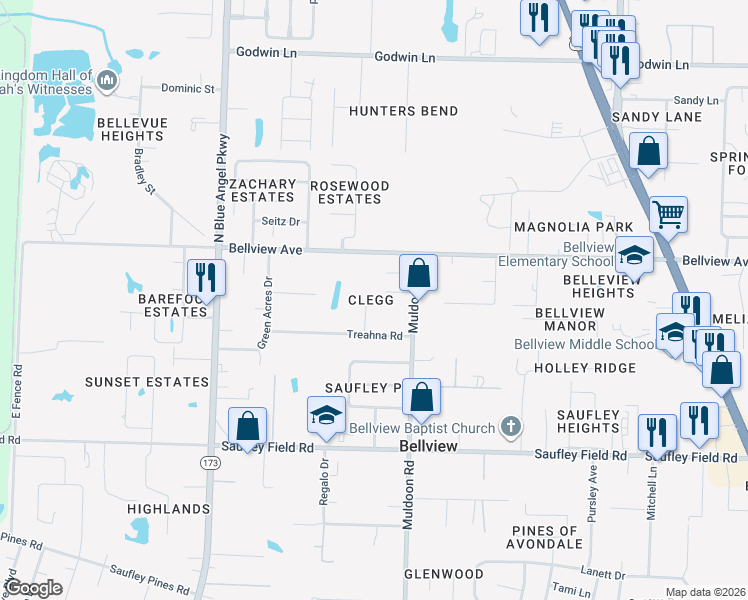 map of restaurants, bars, coffee shops, grocery stores, and more near 6309 Clegg Road in Pensacola