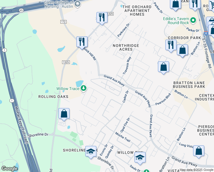 map of restaurants, bars, coffee shops, grocery stores, and more near 533 Ayinger Lane in Austin