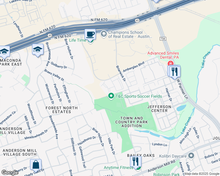 map of restaurants, bars, coffee shops, grocery stores, and more near 13450 Briarwick Drive in Austin