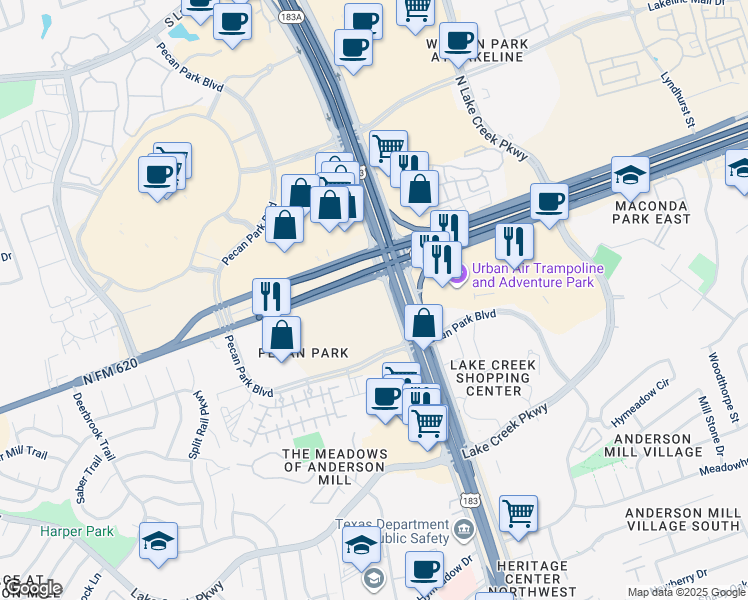 map of restaurants, bars, coffee shops, grocery stores, and more near 13850 Research Boulevard in Austin