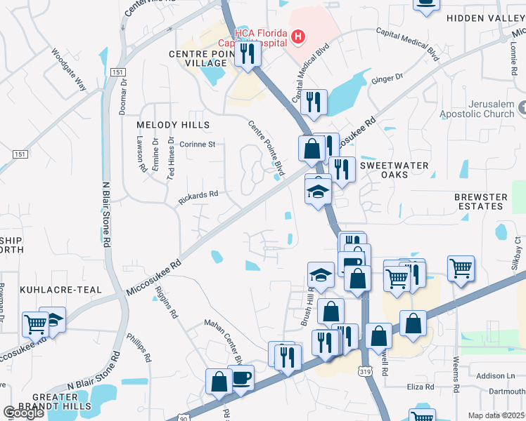 map of restaurants, bars, coffee shops, grocery stores, and more near 1830 Ashley Hall Way in Tallahassee