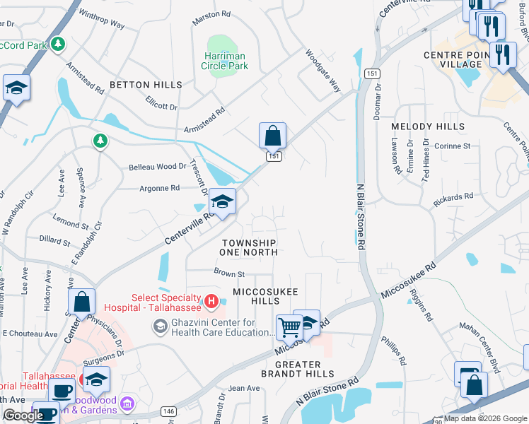 map of restaurants, bars, coffee shops, grocery stores, and more near 1599 Coombs Drive in Tallahassee