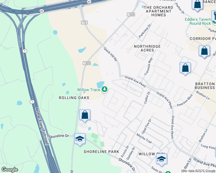 map of restaurants, bars, coffee shops, grocery stores, and more near 165 Kulmbacher Drive in Austin