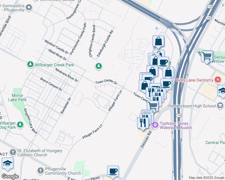 map of restaurants, bars, coffee shops, grocery stores, and more near 1225 Town Center Drive in Pflugerville