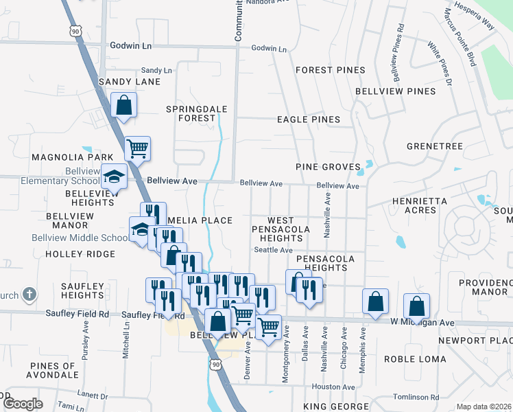 map of restaurants, bars, coffee shops, grocery stores, and more near 6310 Denver Avenue in Pensacola