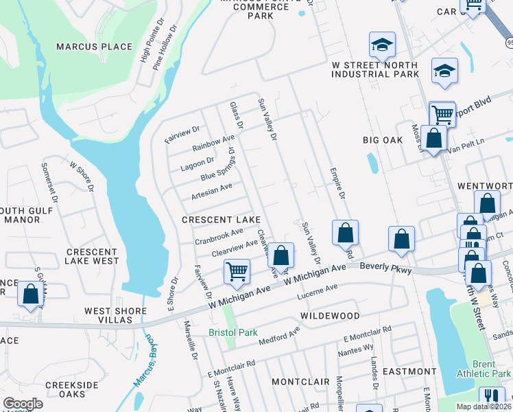 map of restaurants, bars, coffee shops, grocery stores, and more near 5802 Clearwater Avenue in Pensacola