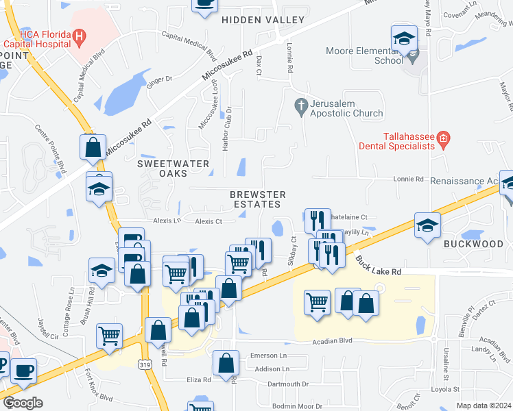 map of restaurants, bars, coffee shops, grocery stores, and more near 4212 Brewster Road in Tallahassee