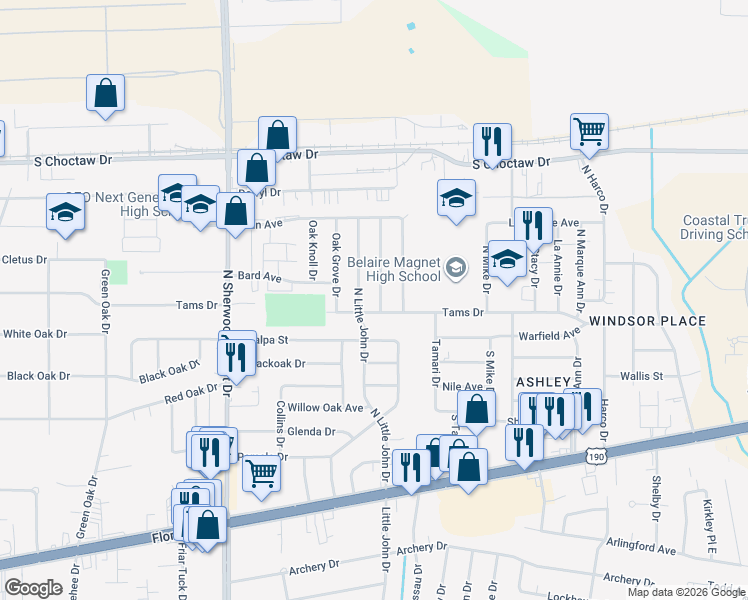 map of restaurants, bars, coffee shops, grocery stores, and more near 11838 Tams Drive in Baton Rouge