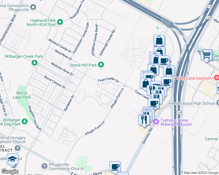 map of restaurants, bars, coffee shops, grocery stores, and more near 1241 Town Center Drive in Pflugerville