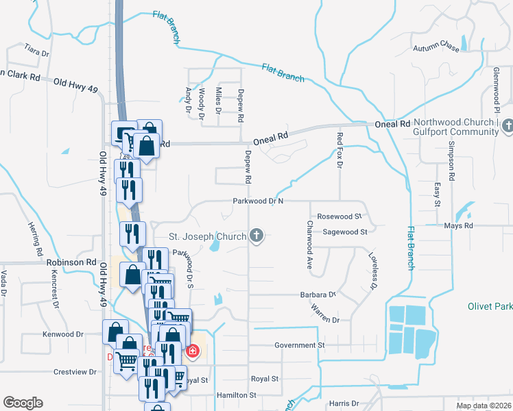map of restaurants, bars, coffee shops, grocery stores, and more near 15251 Parkwood Drive North in Gulfport